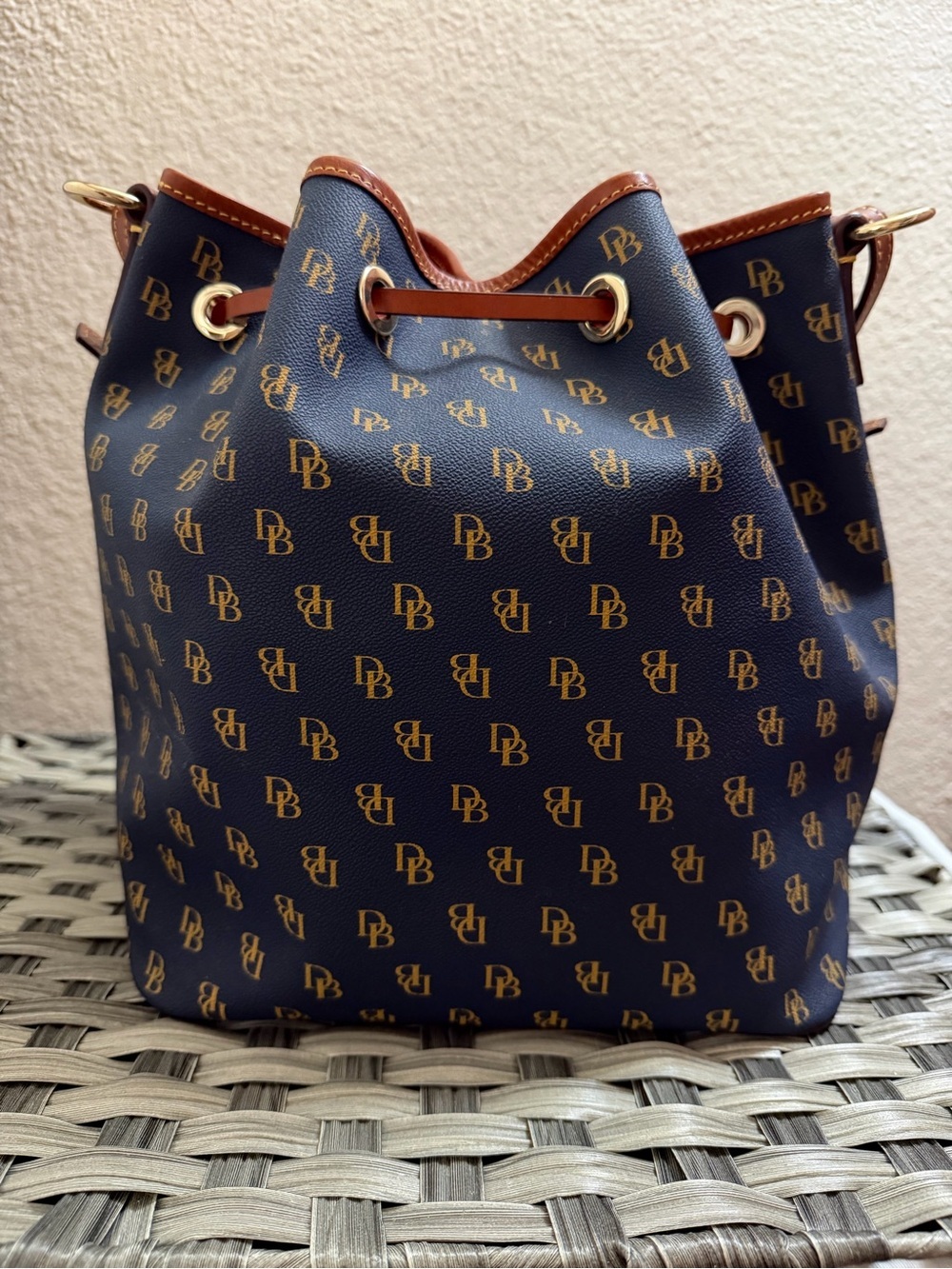 Dooney & Bourke Gretta Navy and Brown Monogram Drawstring Bucket Bag - Picture 4 of 14